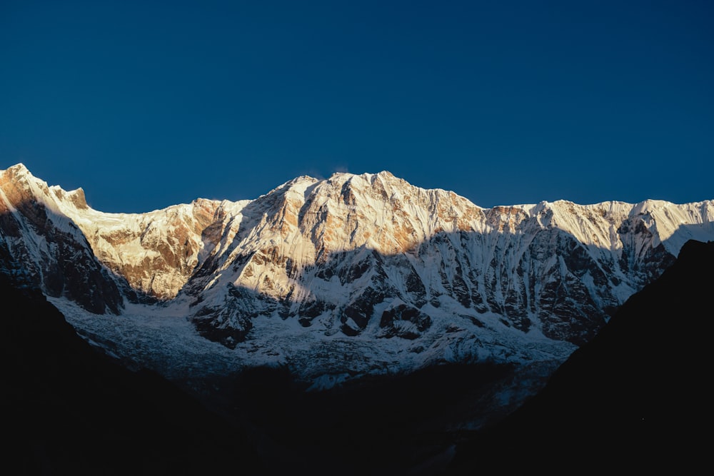 a snow covered mountain with a blue sky in the background