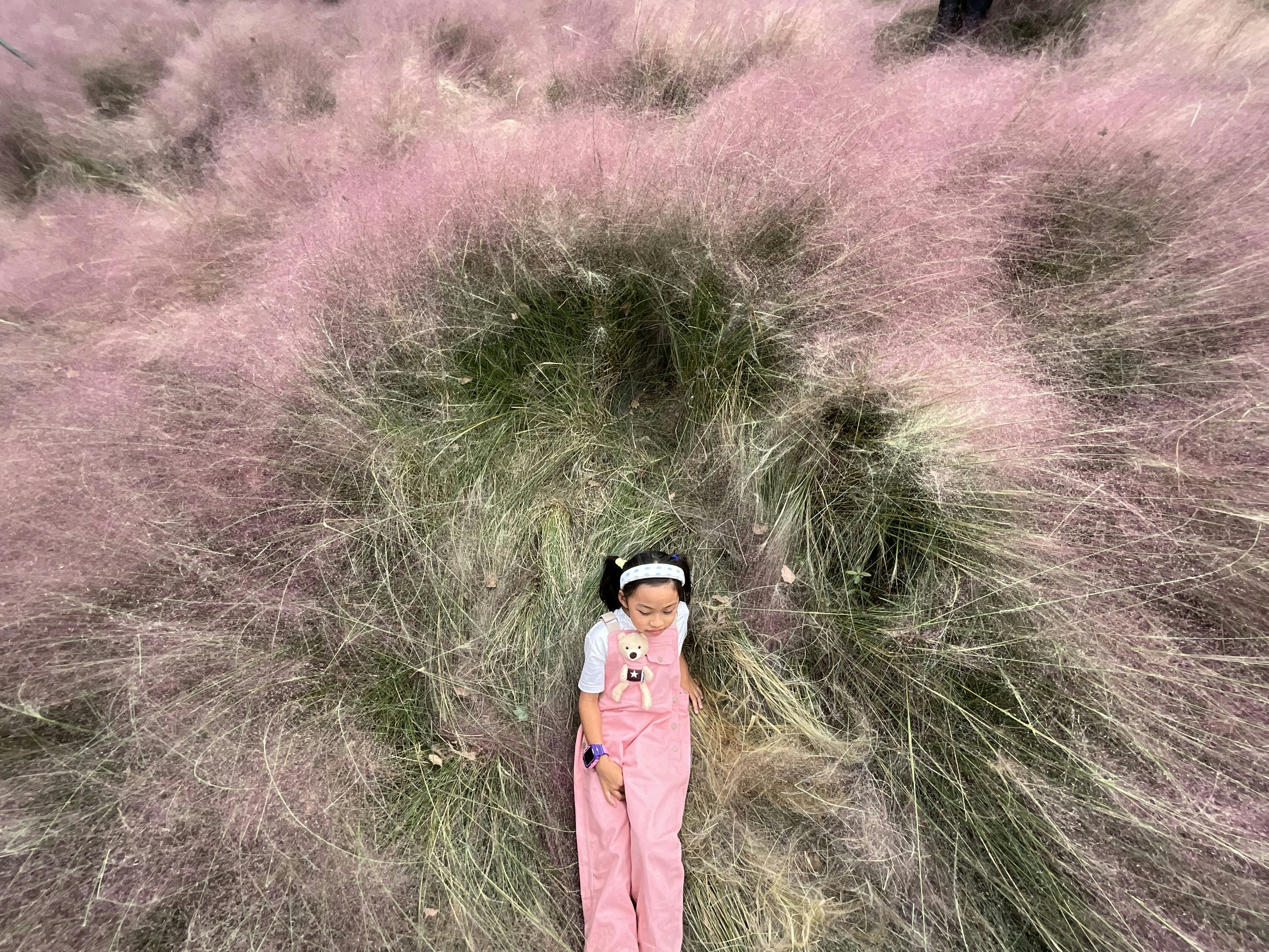 a little girl standing in a field of grass