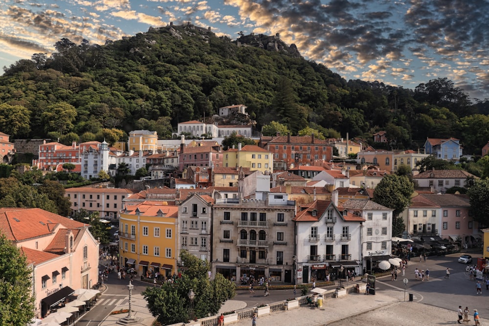 a view of a town with a mountain in the background