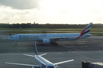 A large airplane with Emirates branding is parked on an airport runway. The surrounding area includes another smaller aircraft in the foreground and green fields with trees in the background. The sky is cloudy, contributing to a serene atmosphere.
