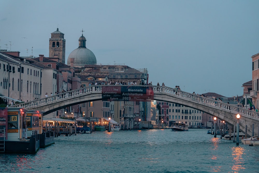 a bridge over a body of water with buildings in the background