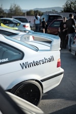 Several cars are parked in an outdoor area, with a white car featuring the text 'Wintershall' prominently displayed on its rear side. People stand and walk around, engaging in conversation, set against a backdrop of trees and distant mountains.