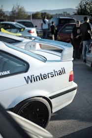 Several cars are parked in an outdoor area, with a white car featuring the text 'Wintershall' prominently displayed on its rear side. People stand and walk around, engaging in conversation, set against a backdrop of trees and distant mountains.
