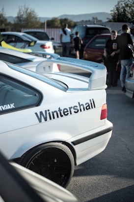 Several cars are parked in an outdoor area, with a white car featuring the text 'Wintershall' prominently displayed on its rear side. People stand and walk around, engaging in conversation, set against a backdrop of trees and distant mountains.