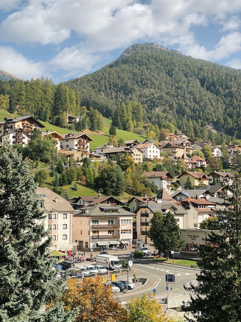 a town with a mountain in the background