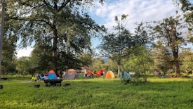 A scenic outdoor campsite surrounded by tall trees and greenery, with several colorful tents set up. People are engaged in leisure activities, enjoying the pleasant weather. The sky is partly cloudy, adding to the tranquil atmosphere of the setting.