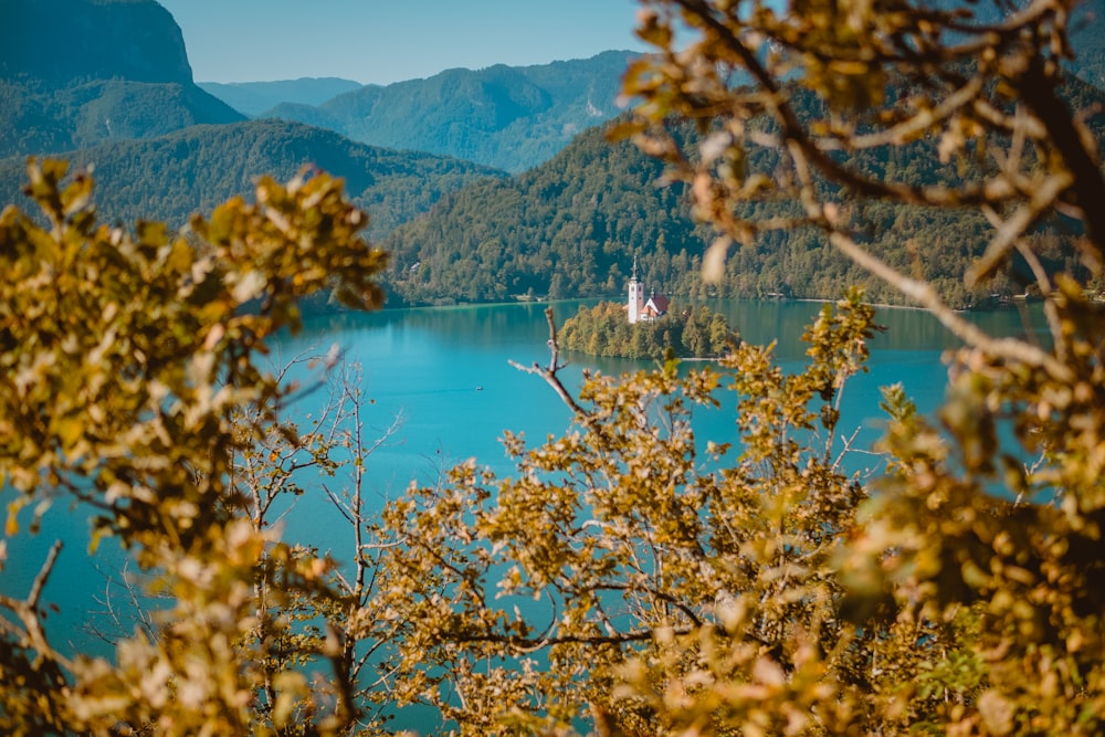 a lake surrounded by mountains and trees