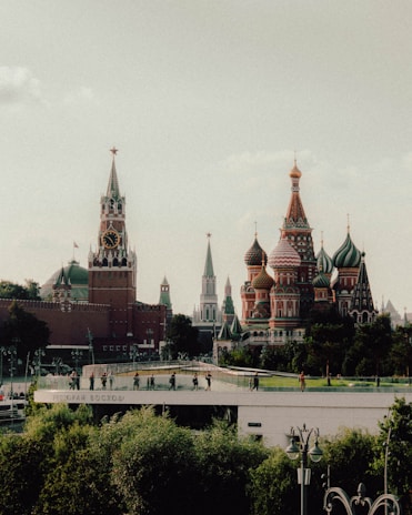 A scenic view of a famous Russian landmark during sunset.