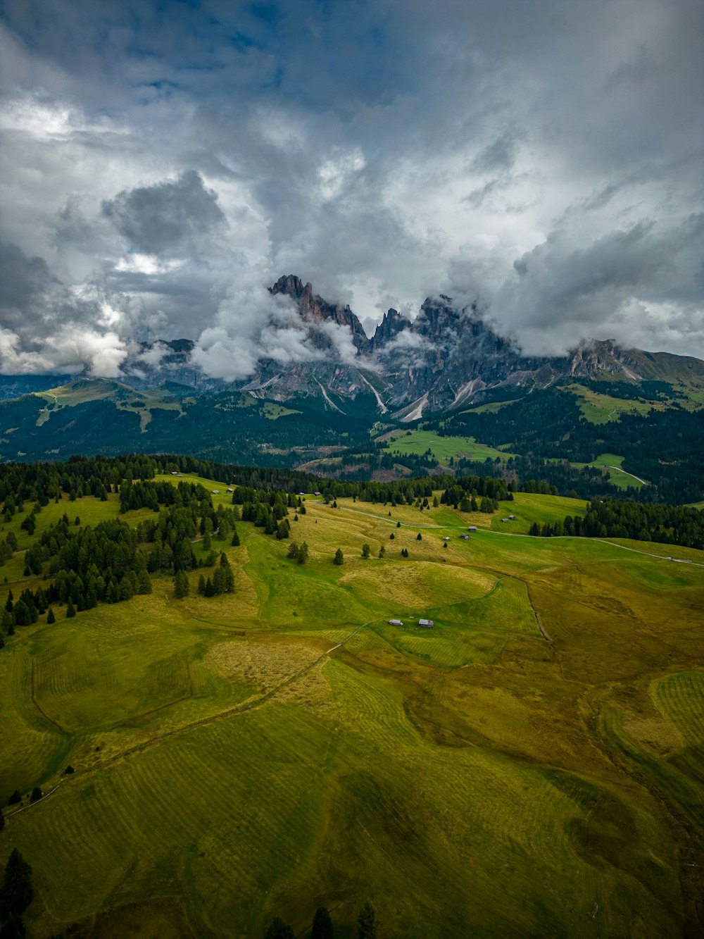 an aerial view of a green field with mountains in the background