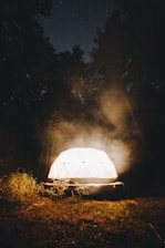 A glowing geodesic dome structure is situated in a dark forest clearing, emitting a warm light that contrasts with the surrounding trees and night sky.