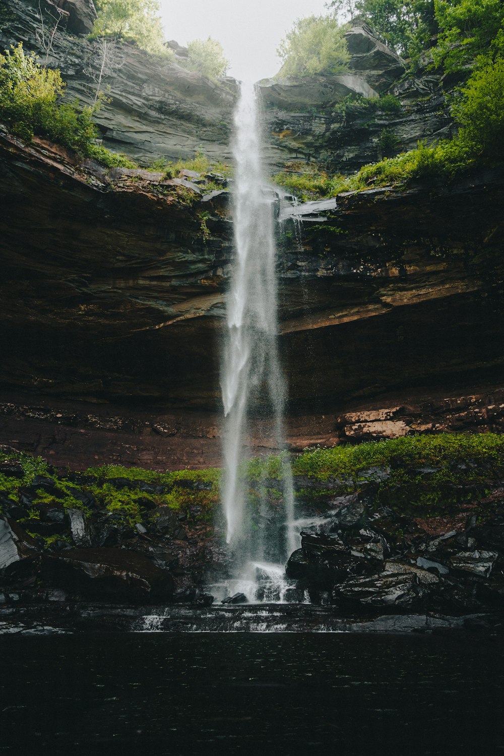 a large waterfall is in the middle of a forest