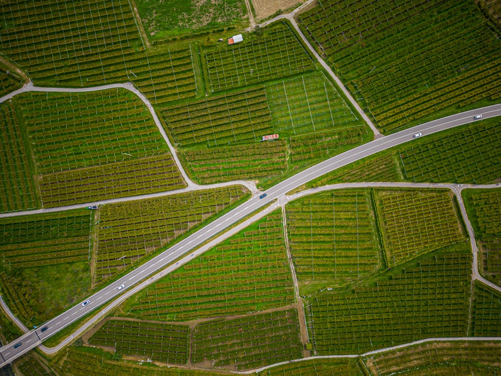 an aerial view of a road surrounded by fields