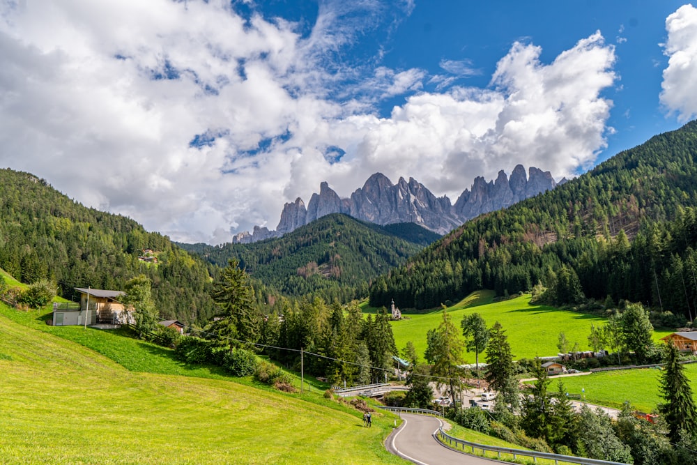 a scenic view of a green valley with mountains in the background