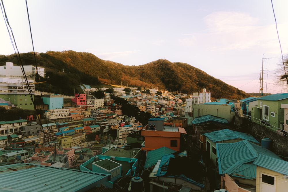 a view of a city with a mountain in the background