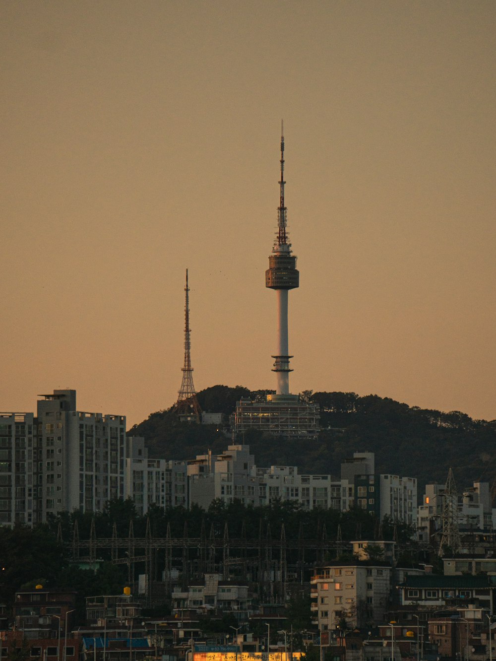 a city skyline with a tower in the background
