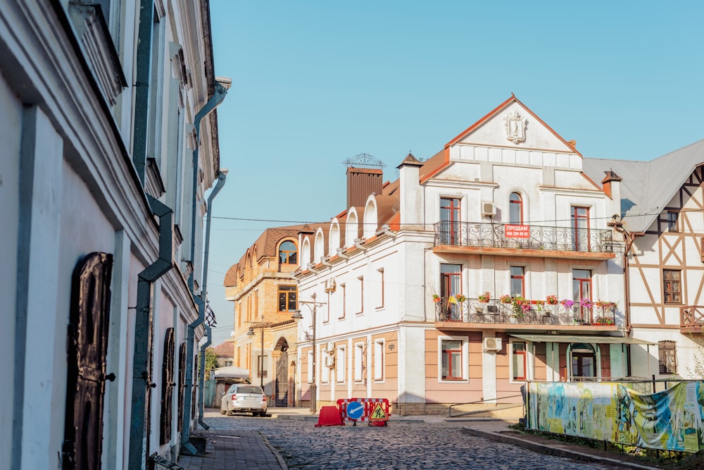 a cobblestone street in a european city