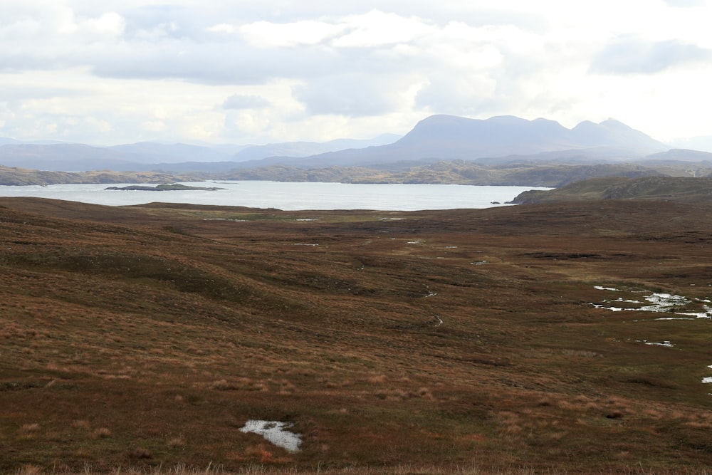 a field with a lake and mountains in the background