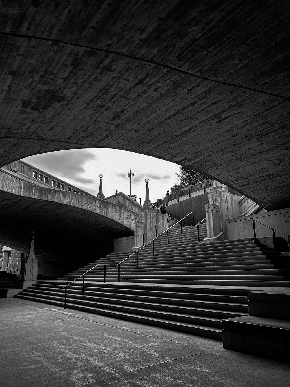 a black and white photo of stairs and a bridge