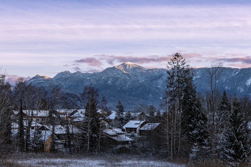 a snow covered mountain range with houses in the foreground