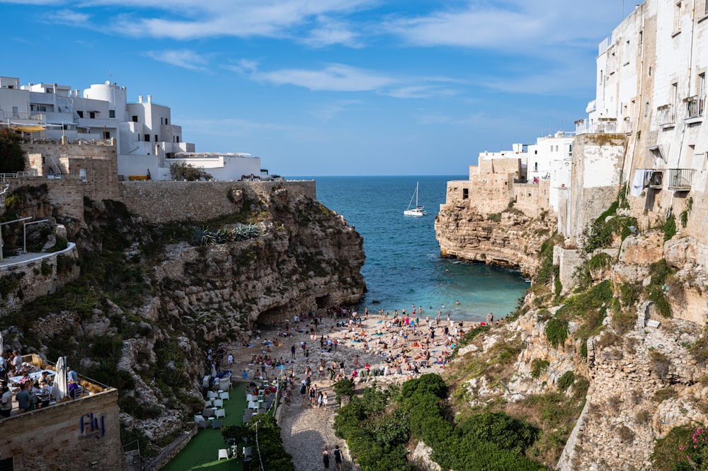 a group of people on a beach next to a cliff