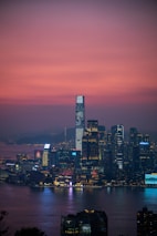 City skyline at dusk with purple and gold lighting reflecting global business connections.