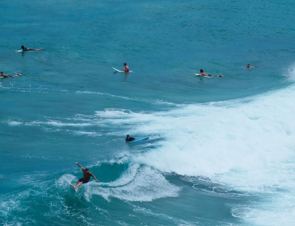 a group of people riding surfboards on top of a wave