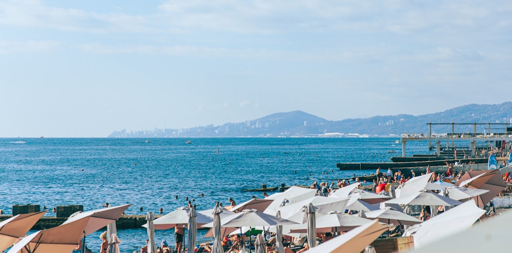 a bunch of umbrellas that are by the water