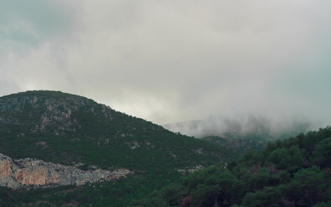 A lush green hilly landscape shrouded in mist and clouds, with thick vegetation covering the hills and rocky outcrops providing a natural contrast.
