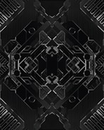 Symmetrical geometric patterns with silver highlights on black.