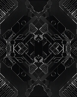 Matte black nails featuring intricate white geometric patterns