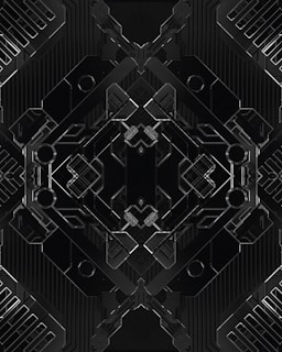 Black and beige geometric shapes forming a modern tech-inspired pattern.
