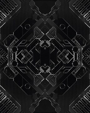 Symmetrical geometric patterns with silver highlights on black.