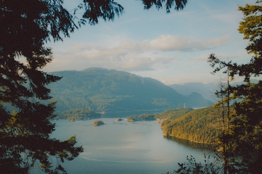 Scenic view of a calm lake surrounded by green hills under a clear blue sky.