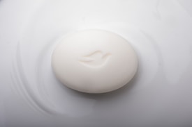 A smooth, oval-shaped white soap bar embossed with a simple bird design rests on a glossy white surface.