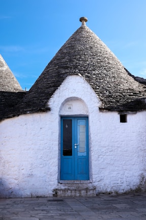 a white building with a blue door and a black roof
