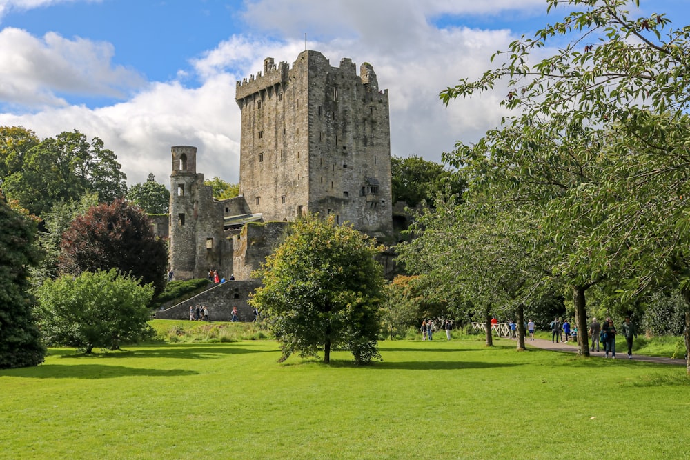 a large castle sitting on top of a lush green field