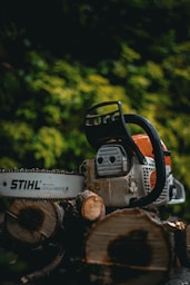 a chainsaw sitting on top of a pile of logs