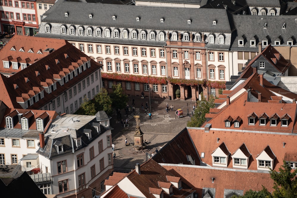 an aerial view of a city with many buildings