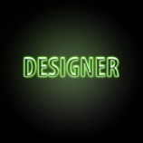 Neon green text with the word 'DESIGNER' on a dark background, glowing brightly with a soft green hue around the letters.