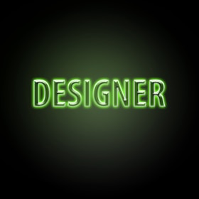 Neon green text with the word 'DESIGNER' on a dark background, glowing brightly with a soft green hue around the letters.