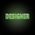 Neon green text with the word 'DESIGNER' on a dark background, glowing brightly with a soft green hue around the letters.