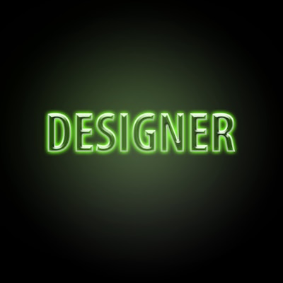 Neon green text with the word 'DESIGNER' on a dark background, glowing brightly with a soft green hue around the letters.