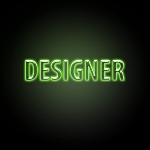 Neon green text with the word 'DESIGNER' on a dark background, glowing brightly with a soft green hue around the letters.