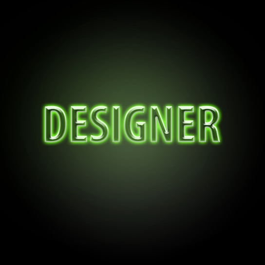 Neon green text with the word 'DESIGNER' on a dark background, glowing brightly with a soft green hue around the letters.