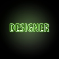 Neon green text with the word 'DESIGNER' on a dark background, glowing brightly with a soft green hue around the letters.
