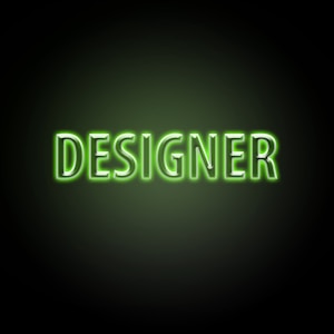 Neon green text with the word 'DESIGNER' on a dark background, glowing brightly with a soft green hue around the letters.