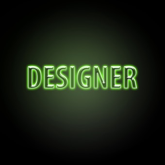 Neon green text with the word 'DESIGNER' on a dark background, glowing brightly with a soft green hue around the letters.