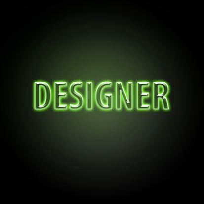 Neon green text with the word 'DESIGNER' on a dark background, glowing brightly with a soft green hue around the letters.
