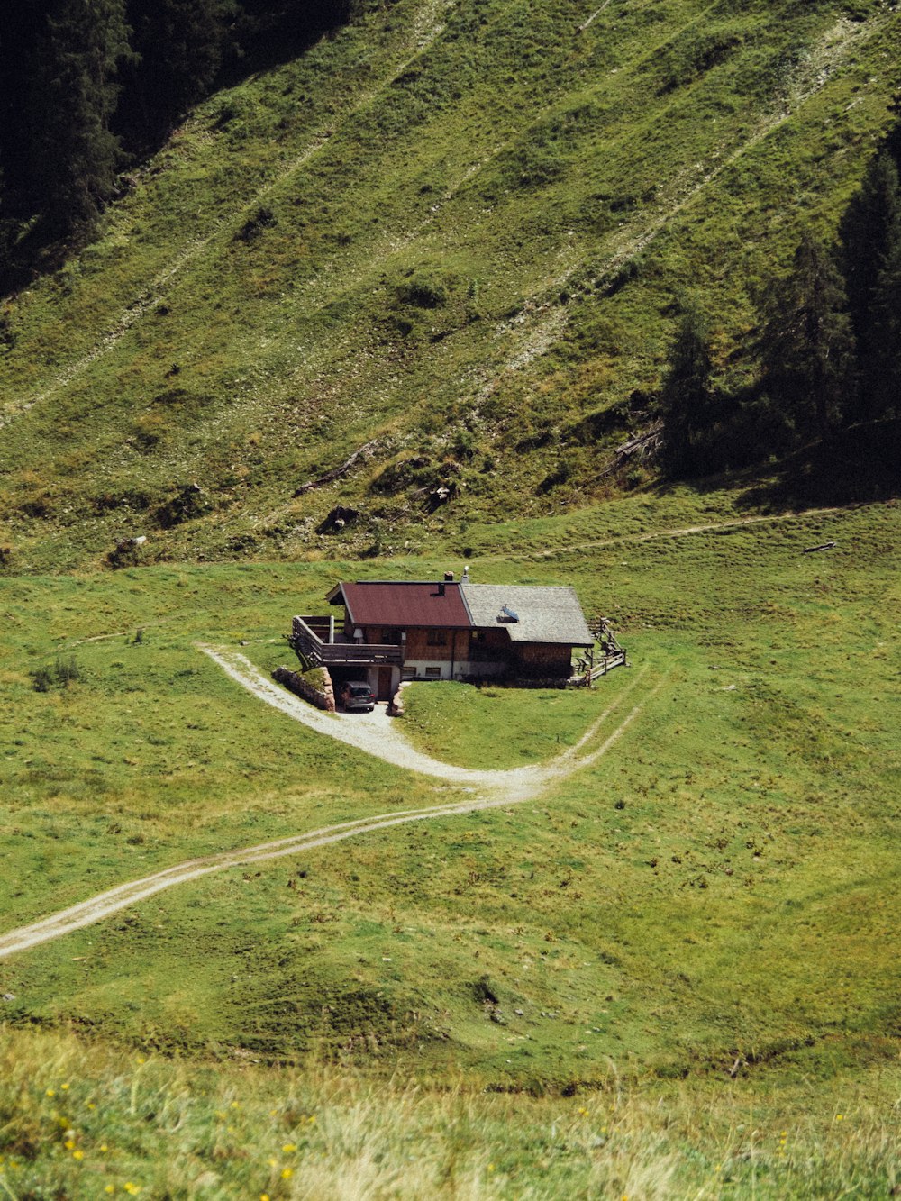 a house in the middle of a grassy field