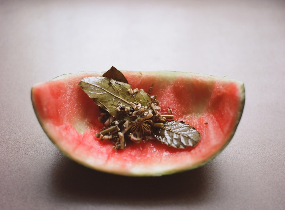 a slice of watermelon with a leaf and a sprig of leaves